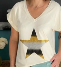 Tee-Shirt col v Star Ecru / gold