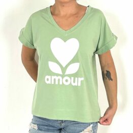 Tee-Shirt col v Amour Tilleul