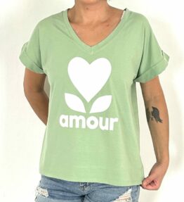 Tee-Shirt col v Amour Tilleul