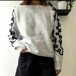 Pull col rond gris zigzag