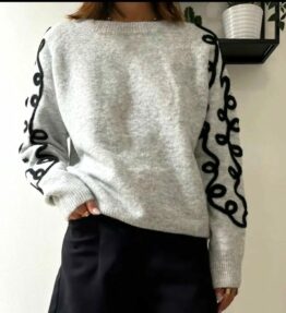 Pull col rond gris zigzag