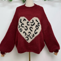 Pull coeur doux Bordeaux léopard