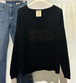 Pull col v lips noir